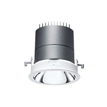 Recessed LED downlight with a ridged heatsink housing and a white mounting trim, shown at an angle.