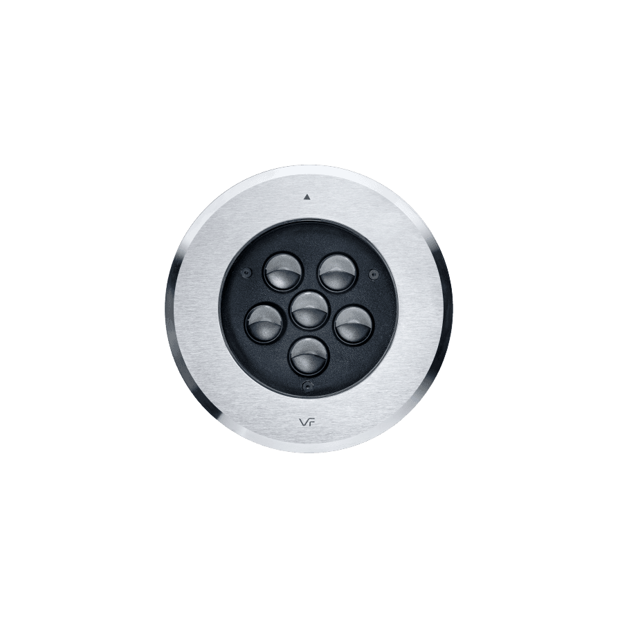 Round stainless steel in-ground LED uplighter with a ring of small lenses and a VF logo.