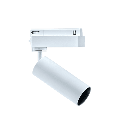 White cylindrical track-mounted spotlight on an adjustable head.