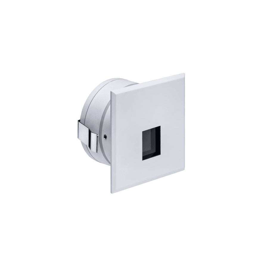 Small white square flush-mounted light with a narrow rectangular aperture and a pivoting mounting bracket.