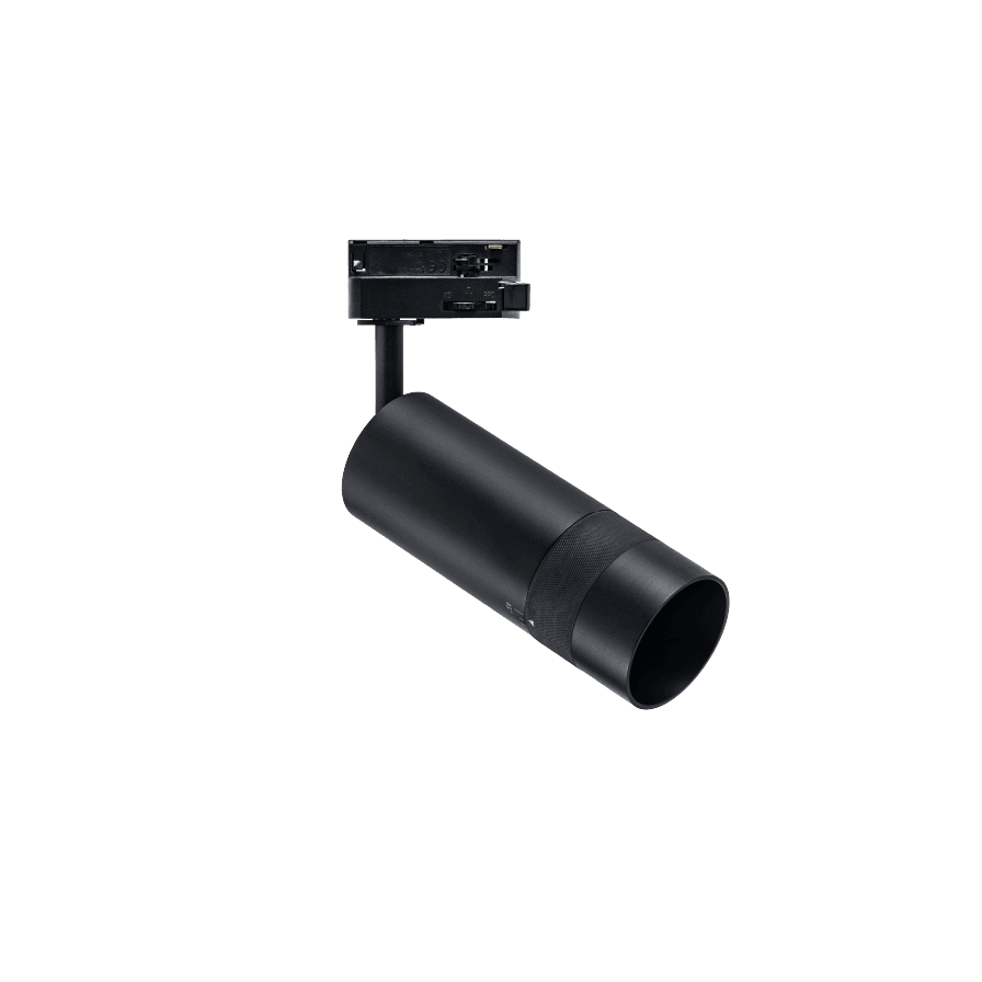 Black cylindrical track-mounted spotlight on a suspended mount.