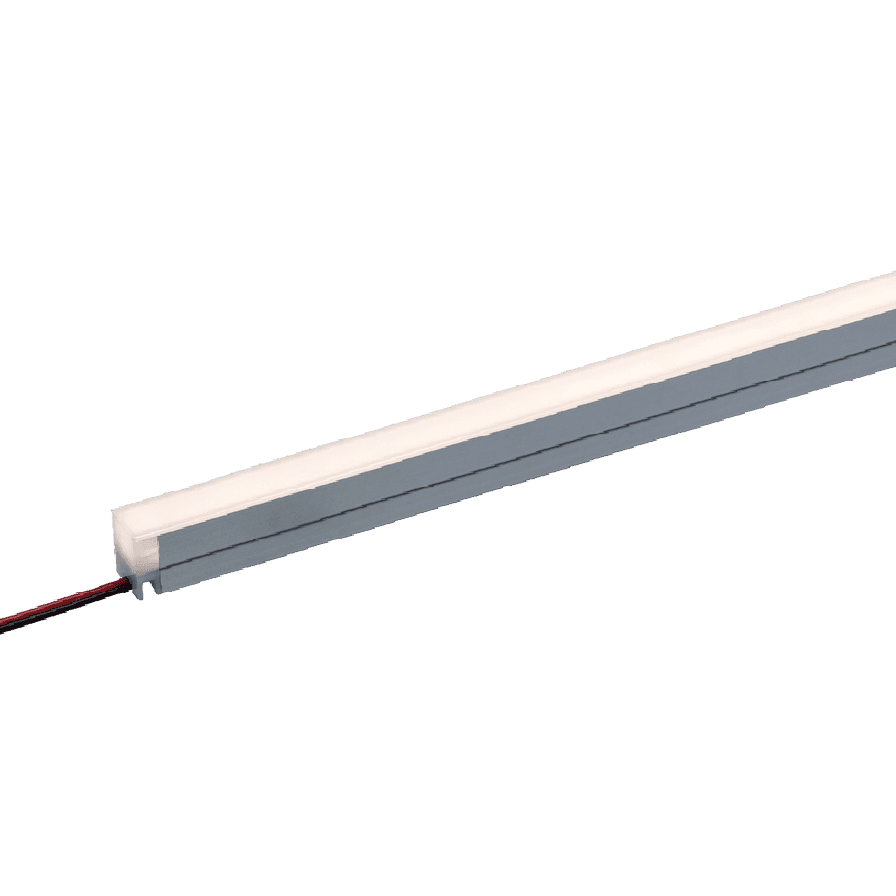 Linear aluminium LED strip profile with a frosted diffuser, lit white, with bare red and black wire leads.