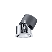Recessed LED downlight with a white trim ring and an angled, adjustable grey housing.
