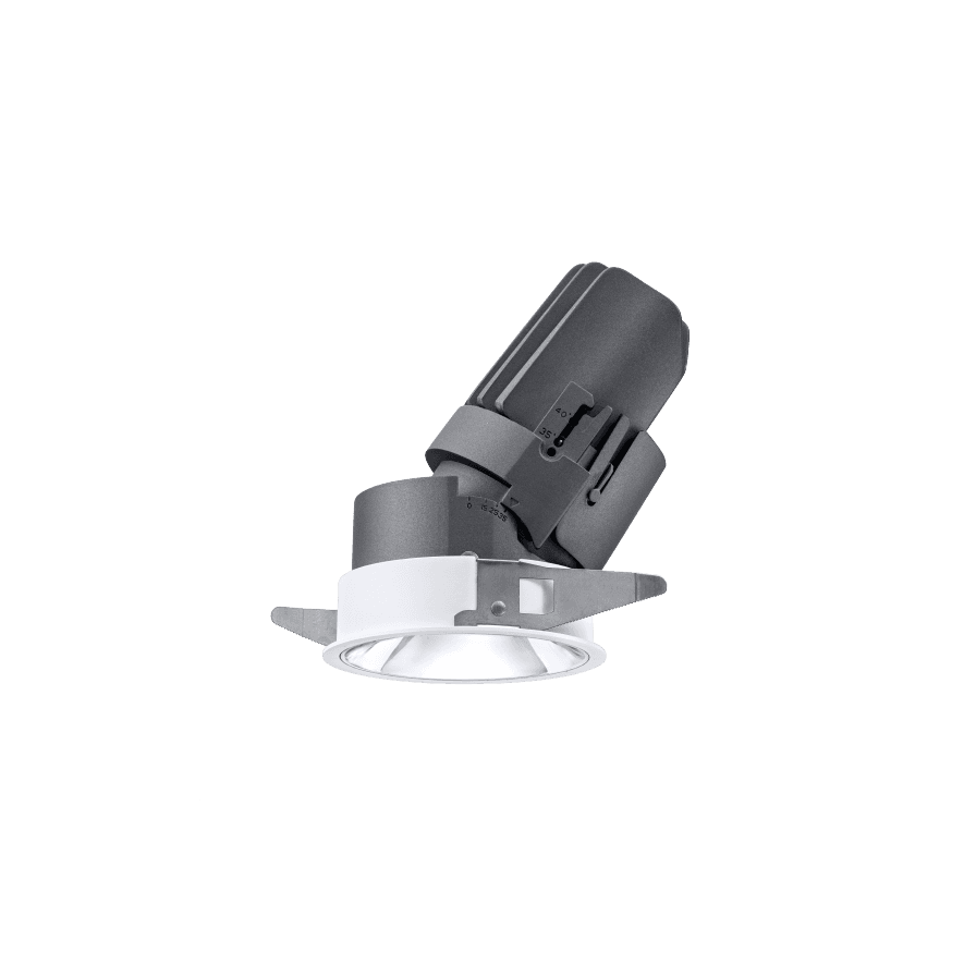 Recessed LED downlight with a white trim ring, chrome reflector, and a tilting grey housing marked with angle settings.