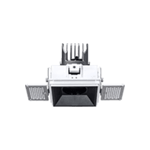 Square recessed LED downlight with a white frame, black centre aperture, and louvred side vents.