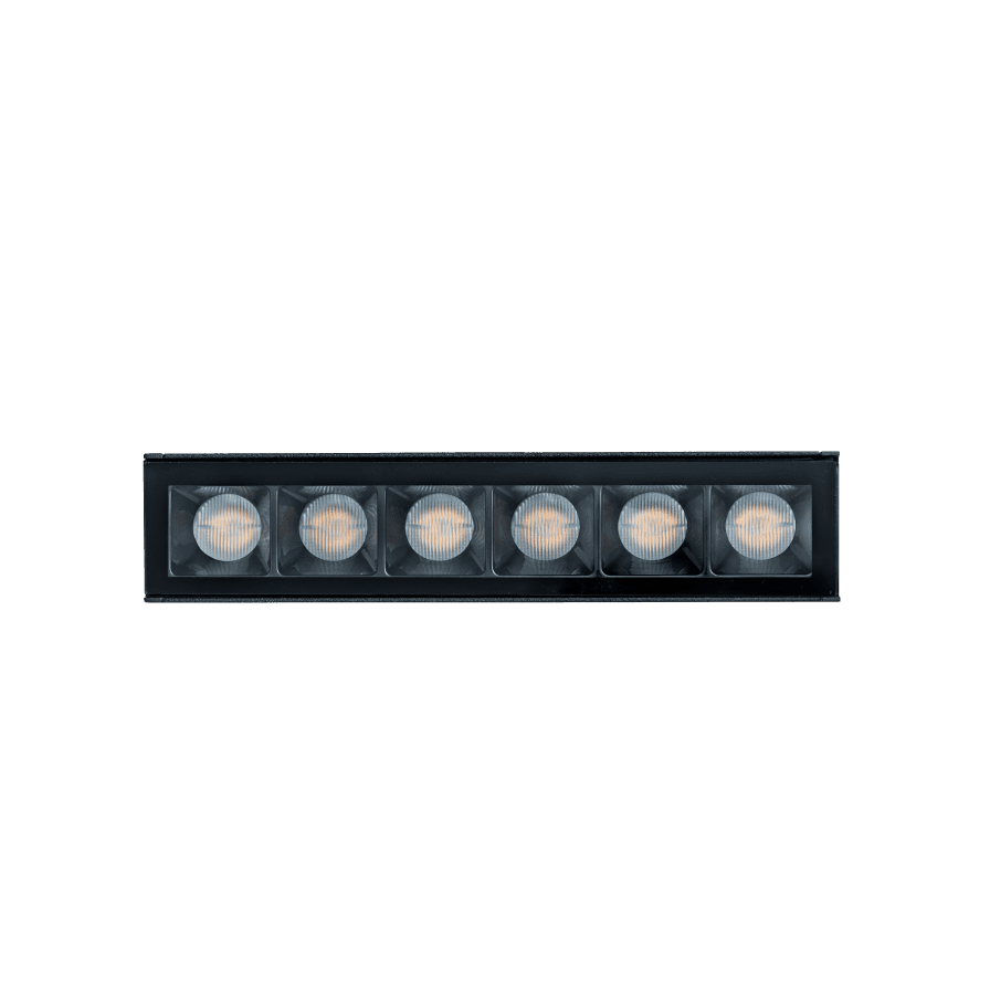 Black rectangular linear LED fixture with six square lens cut-outs in a row.