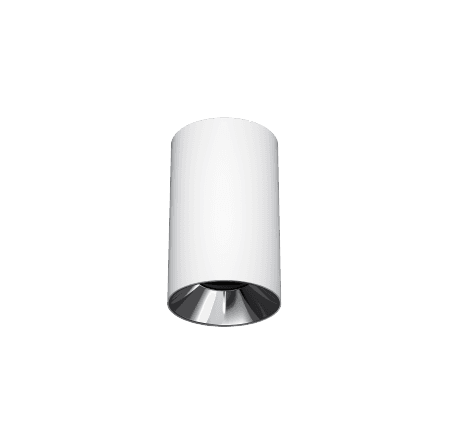 White cylindrical surface-mounted LED downlight with a chrome ring around the light aperture.