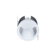 Small round recessed LED downlight with a white trim ring and a black centre, shown with spring mounting clips.