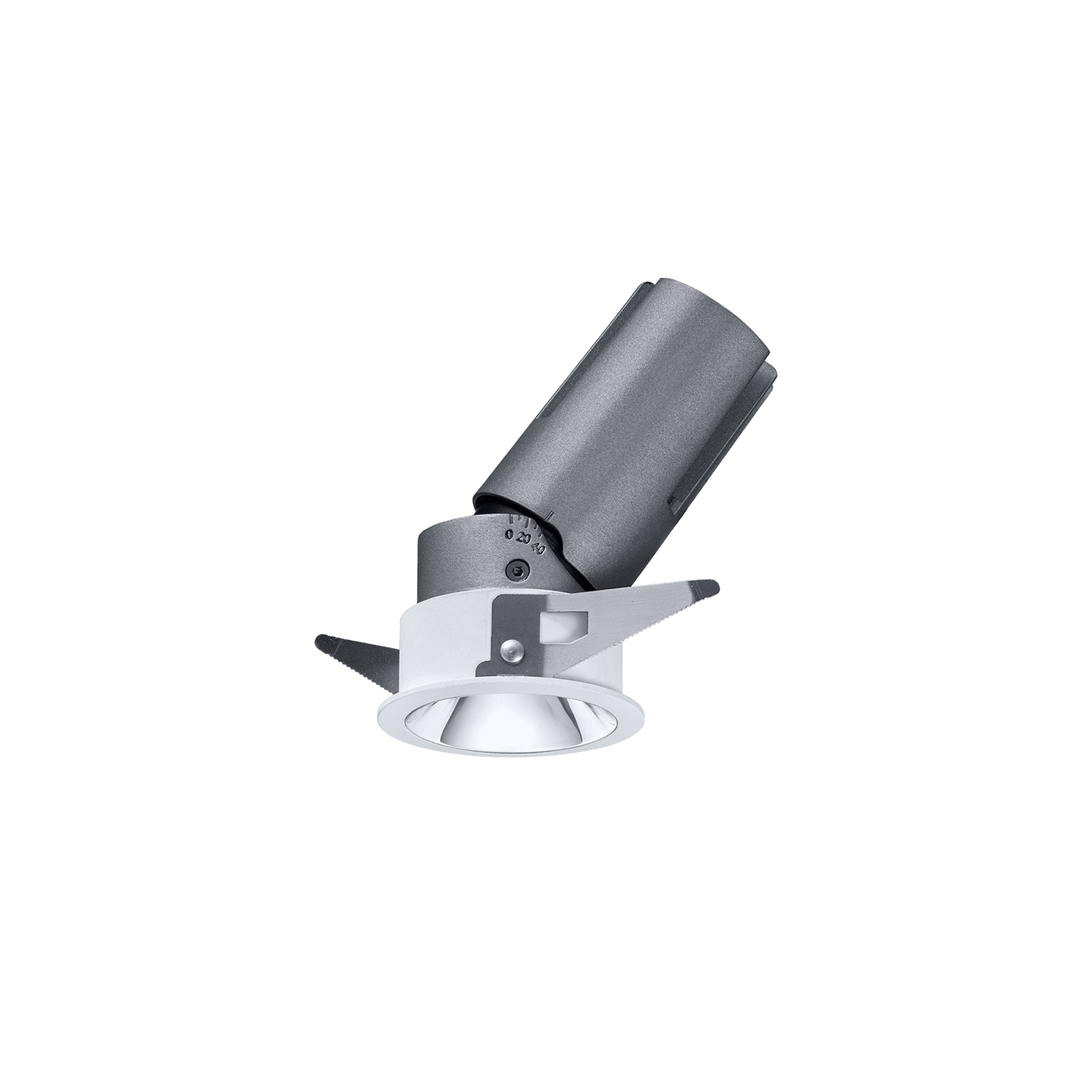 Recessed LED downlight with a white trim ring, chrome reflector cone, and an angled dark grey housing.